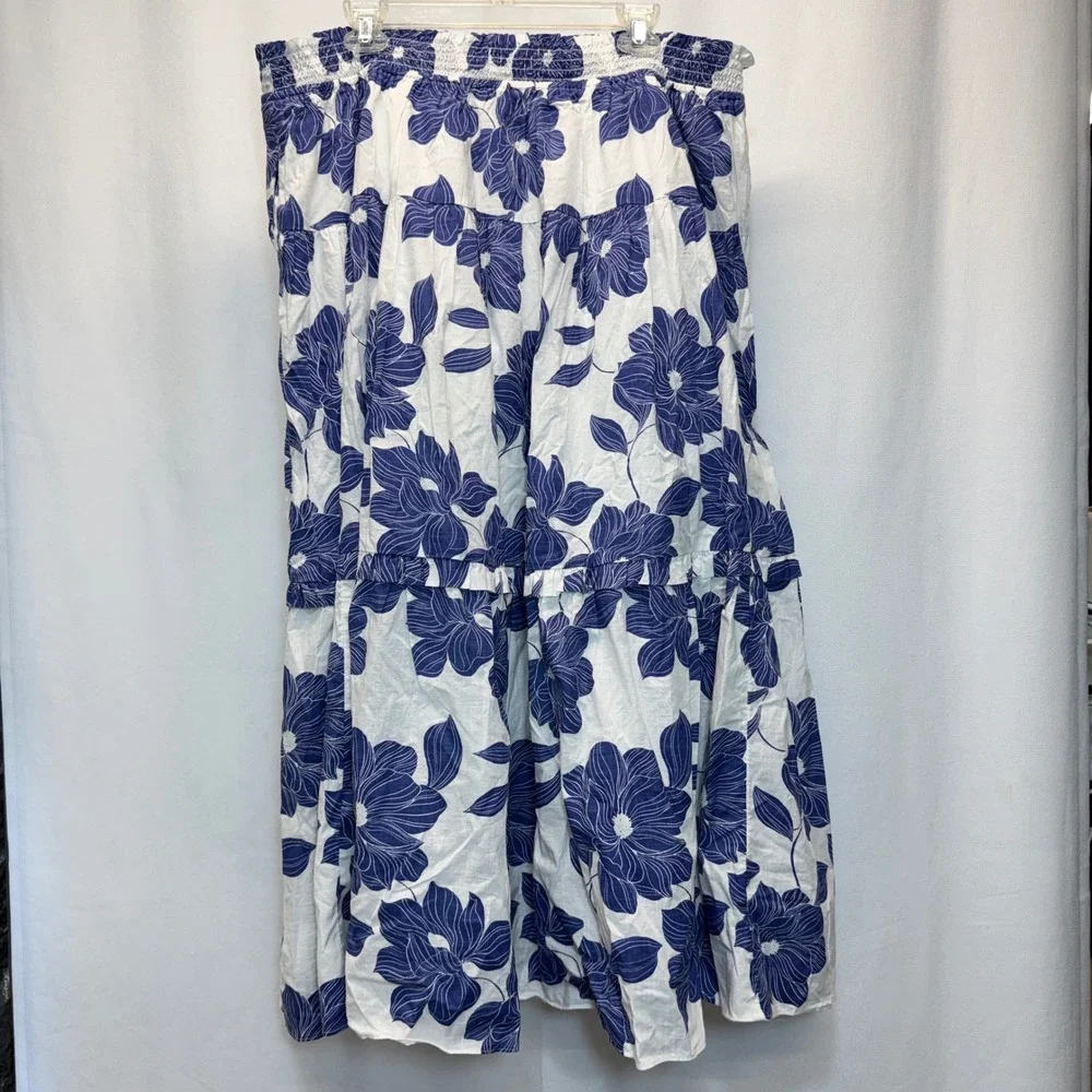 Draper James Midi Skirt Women 3X White Blue Floral Magnolia Shadows Smocked NEW
